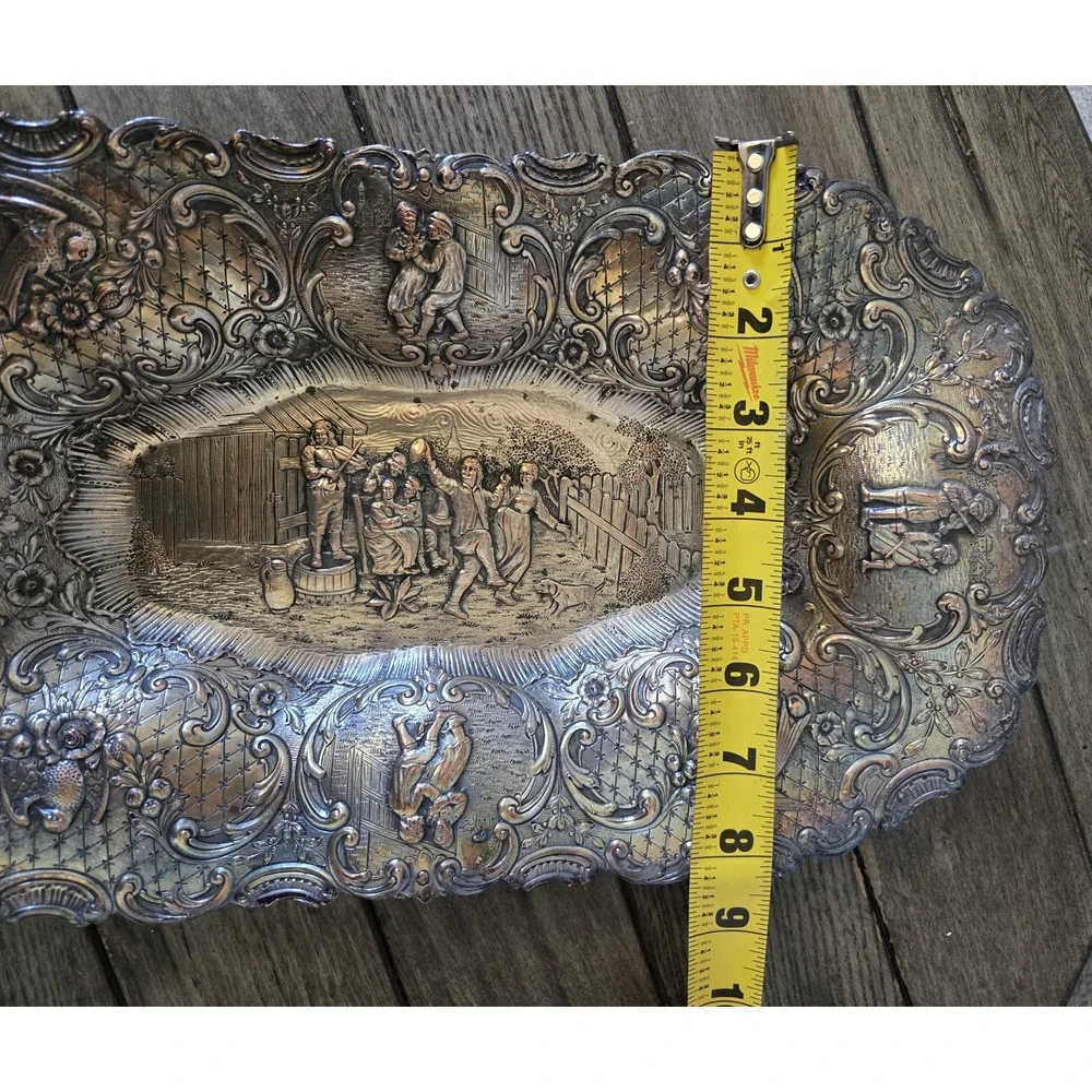 Antique Silver on Copper Dutch Revival Repousse People Tavern Courtyard Bowl